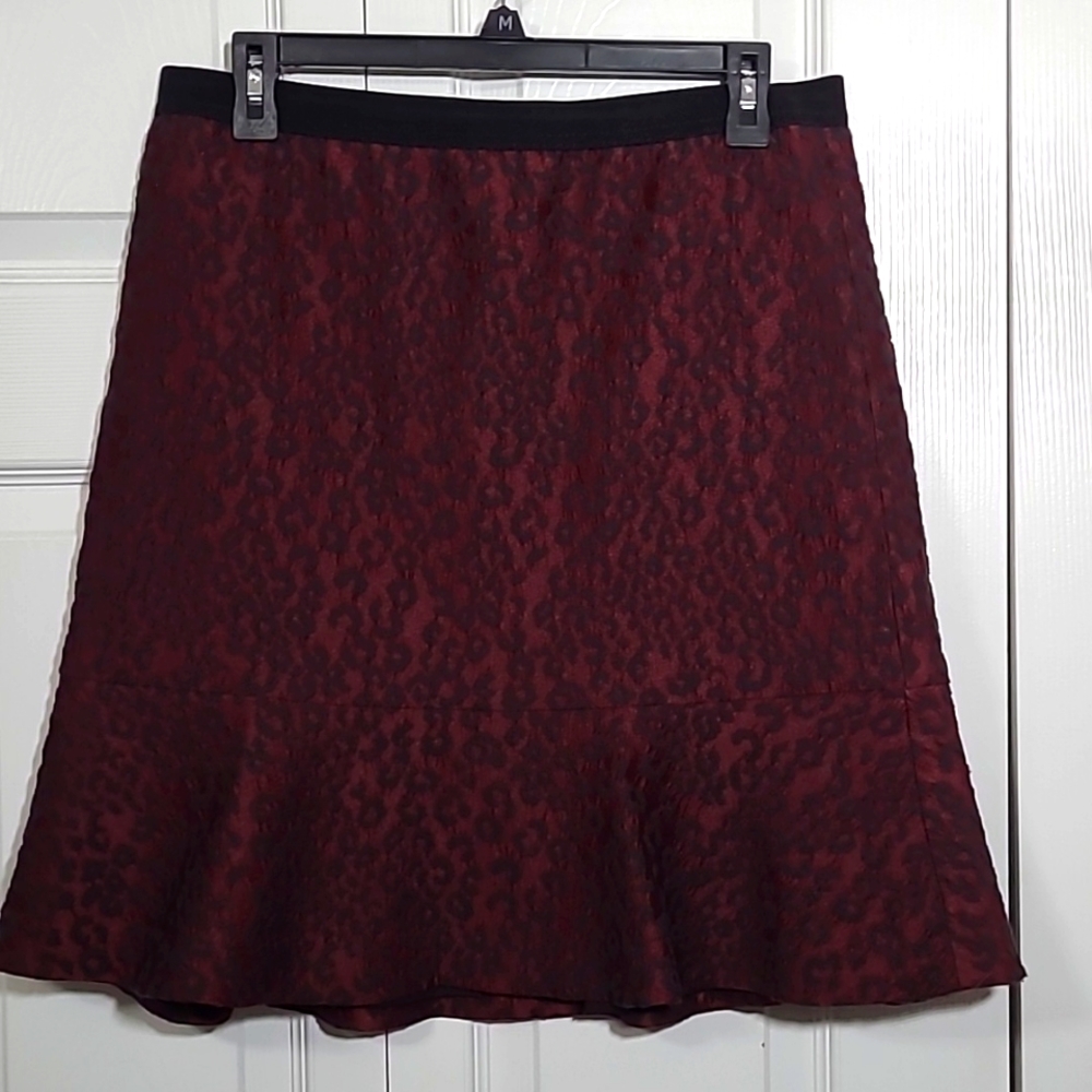 Ann Taylor Burgundy and Black Leopard-Texture Flounce Skirt